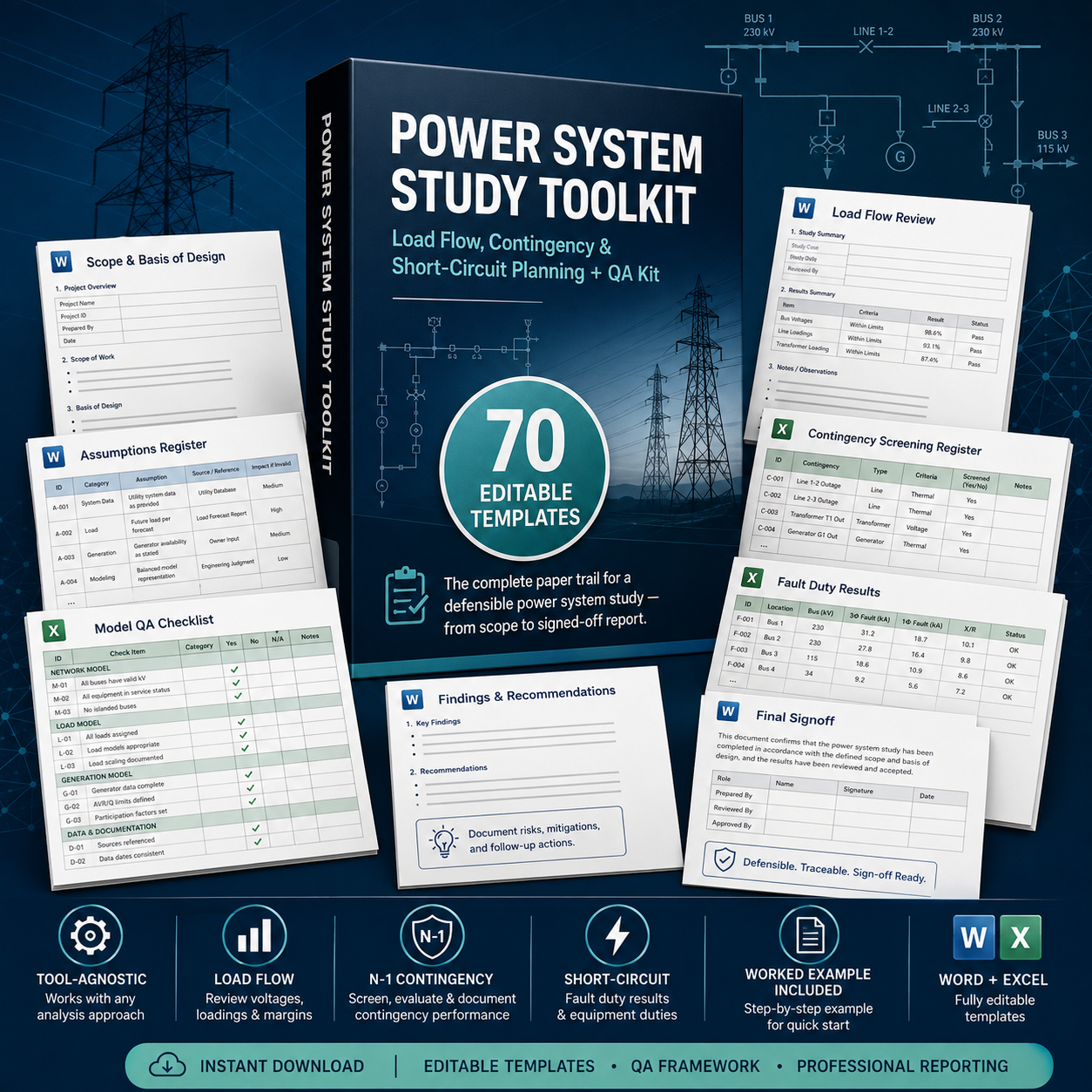 Power System Study Toolkit: Load Flow, Contingency, Short-Circuit & QA Planning Kit (70 Editable Templates)
